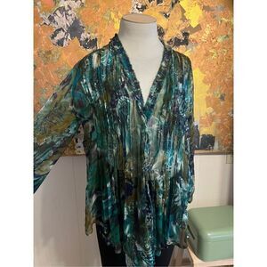 Casual Studio Artsy Boho Sheer green toned one button 3/4 sleeve topper Size L